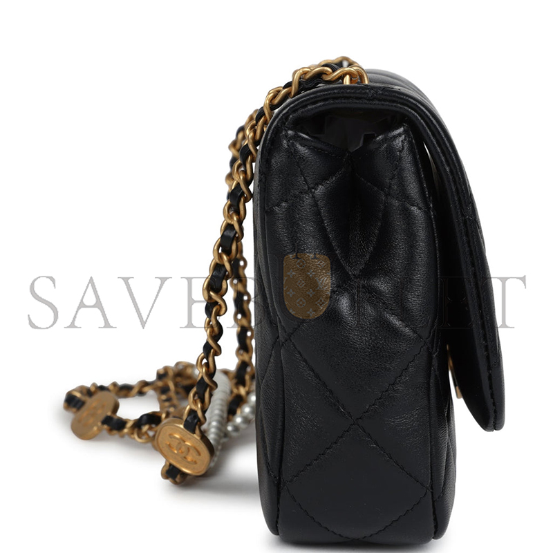 CHANEL MASTER  MINI PEARLY CHAIN FLAP BAG BLACK LAMBSKIN BRUSHED GOLD HARDWARE  (20*15*5cm)